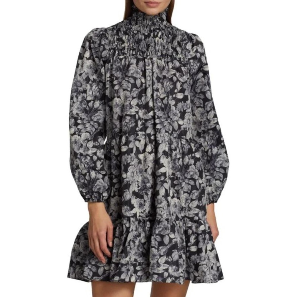 Cinq a Sept‎ Alicia Floral Tiered Mini Dress Black White Toile Smocked 2